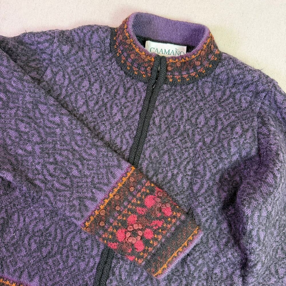 Vintage Caamano 100% Alpaca Cardigan Women's S Purple Nordic Andean Fair Isle
